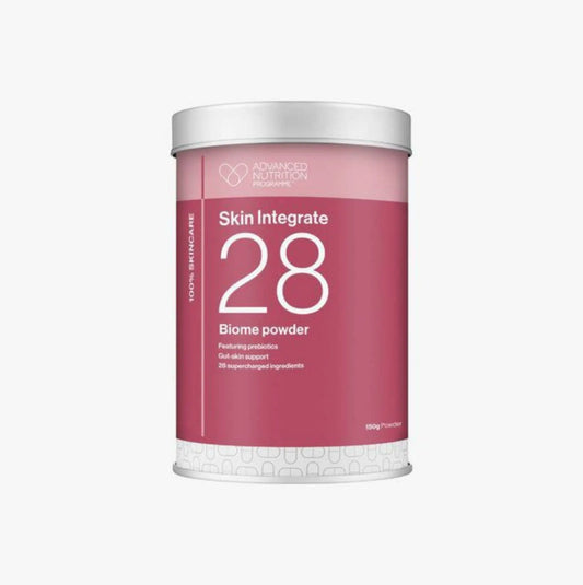 Skin Integrate 28 Biome Powder bottle and scoop, Advanced Nutrition Programme gut-skin supplement