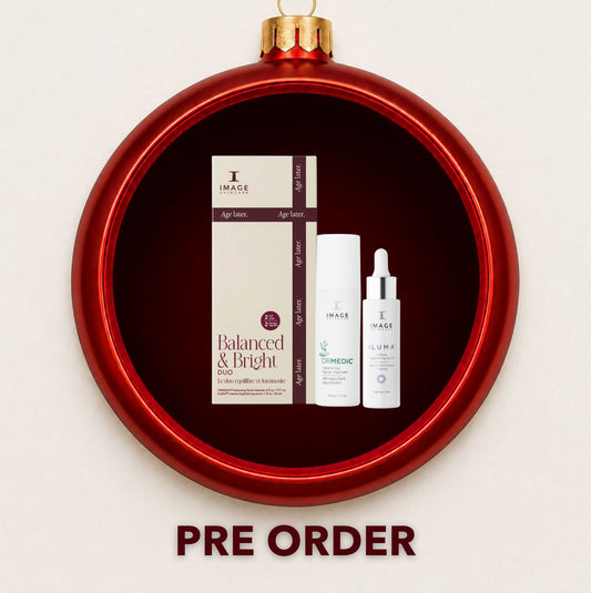 IMAGE Skincare Balance and Bright gift set displayed inside a red Christmas bauble