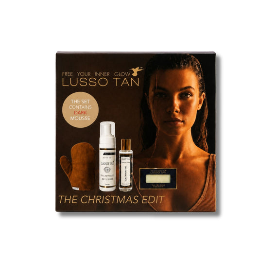 Lusso Tan Christmas Edit gift set with tanning mousse, mitt, shower bar and tan remover