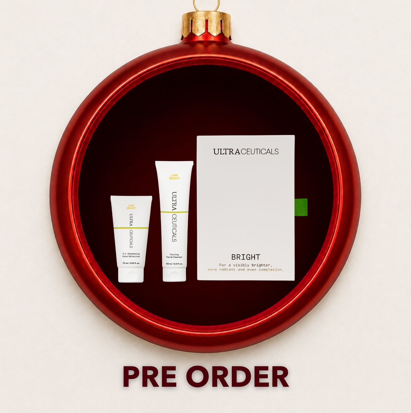 Ultraceuticals Ultra Bright gift set displayed inside a red Christmas bauble