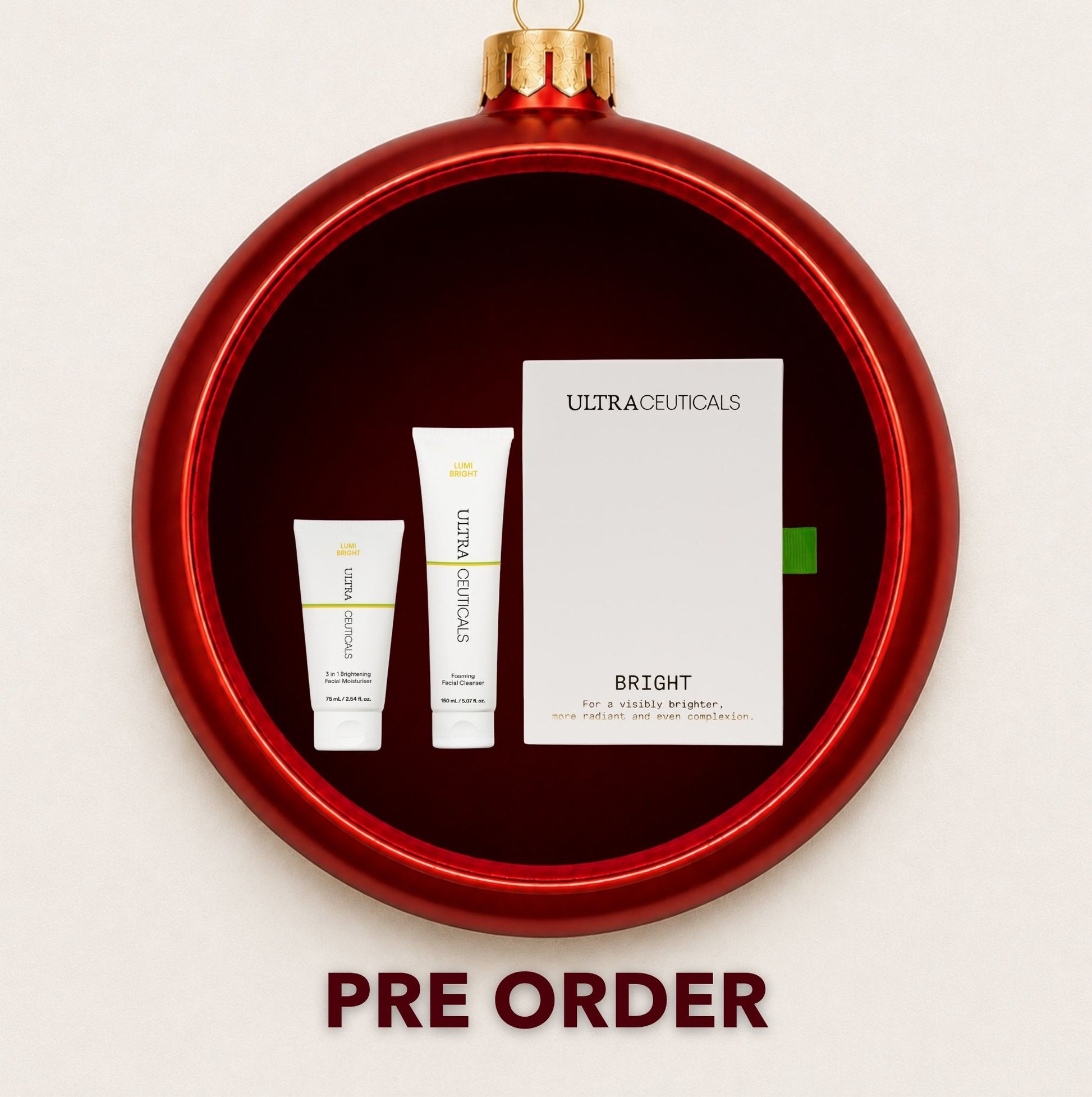 Ultraceuticals Ultra Bright gift set displayed inside a red Christmas bauble