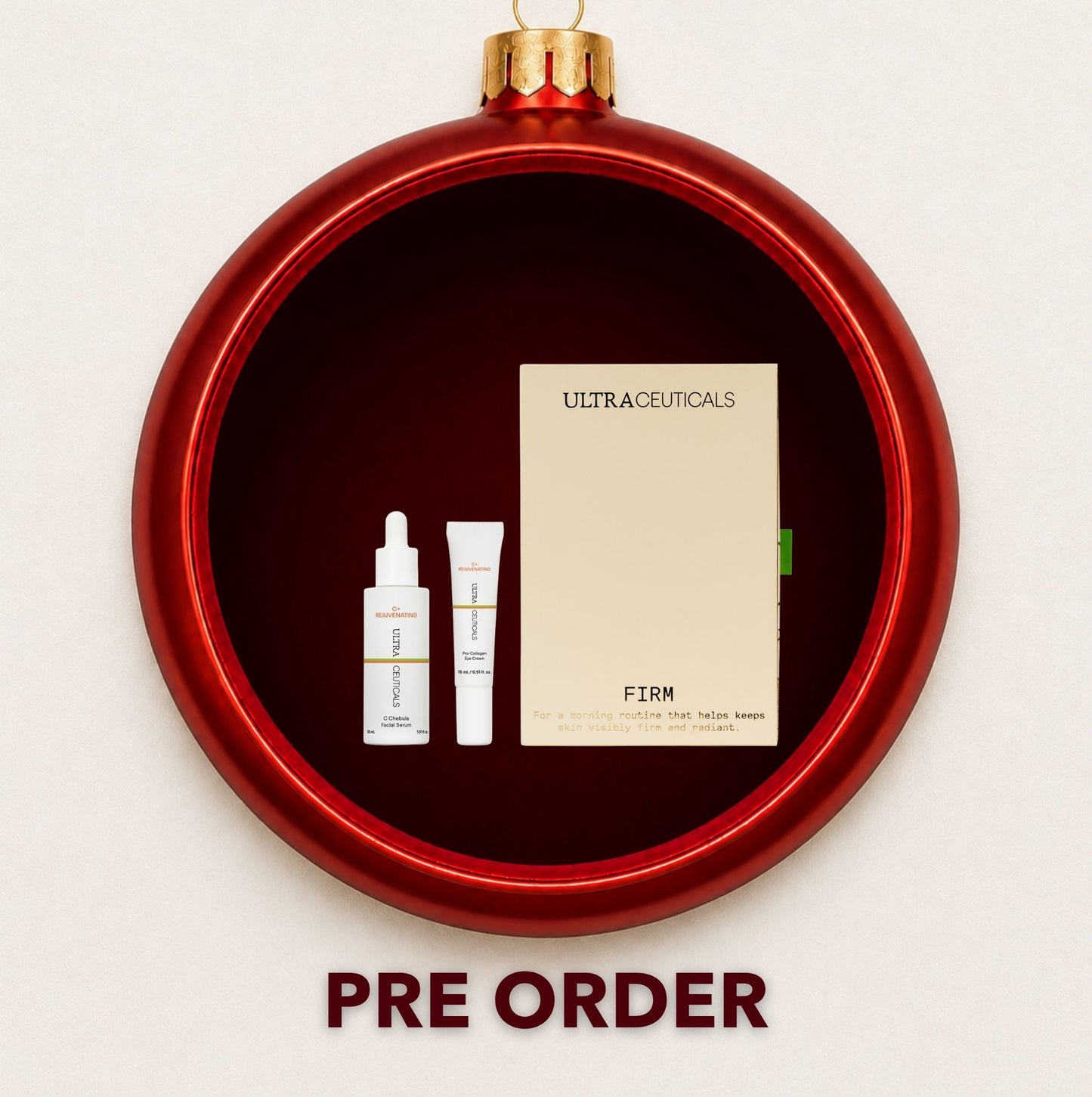 Ultraceuticals Ultra Firm gift set displayed inside a red Christmas bauble