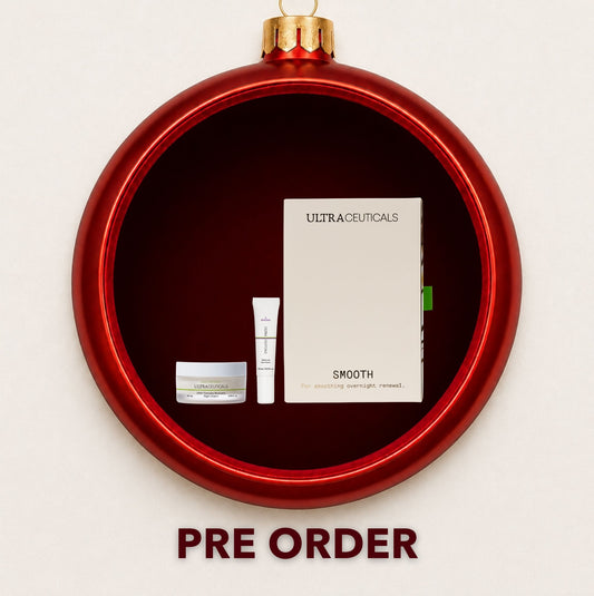Ultraceuticals Ultra Smooth gift set displayed inside a red Christmas bauble